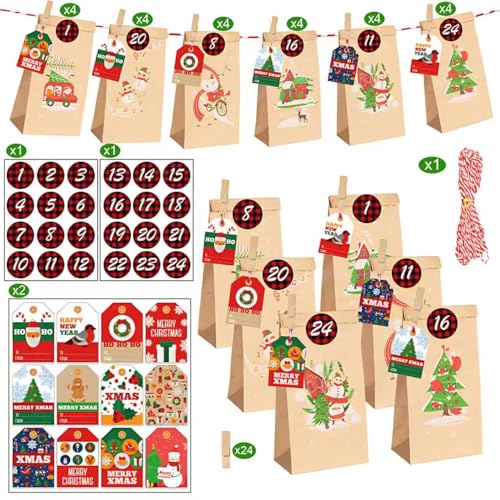 Adventskalender zum Befüllen Kinder, Adventstüten 2025 zum befüllen mit 24 Papiertüten,DIY Weihnachtskalender Selbst Befüllen (Braunes (Farbiges Seil)) von GanYesin