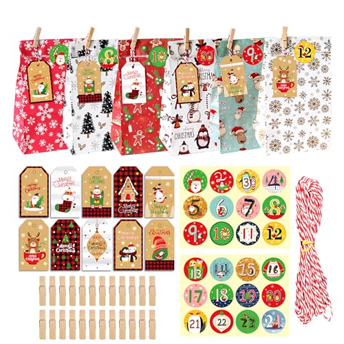 Adventskalender zum Befüllen Kinder, Adventstüten 2025 zum befüllen mit 24 Papiertüten,DIY Weihnachtskalender Selbst Befüllen (Mehrfarbiges (Farbiges Seil)) von GanYesin