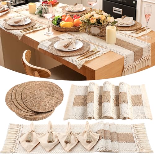 Gandeer Boho-Tischsets, rund, gewebt, Stoffservietten, Holzperlen, Serviettenringe, langer Tischläufer und rustikale Platzsets, natürliche Jute, Baumwolle, für Küche, Esstisch, Zuhause, 4 Sets Gandeer Boho-Tischsets, rund, gewebt, Stoffservietten, Holzperlen, Serviettenringe, langer Tischläufer und rustikale Platzsets, natürliche Jute, Baumwolle, für Küche, Esstisch, Zuhause, 4 Sets von Gandeer