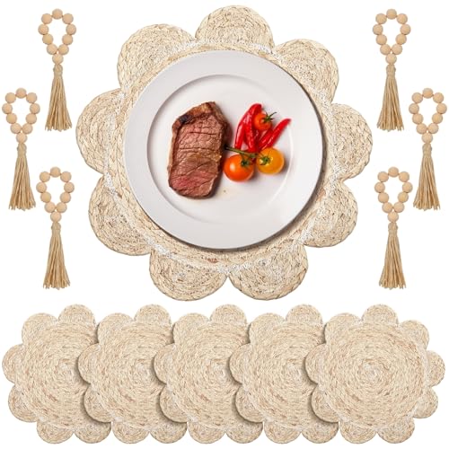 Gandeer Runde gewebte Rattan-Tischsets mit Holzperlen-Serviettenringen, hitzebeständig und rutschfest, gewellter Rand, Boho, Bauernhaus, geflochtene Stroh-Tischsets für Küche und Esszimmer, Hochzeit Gandeer Runde gewebte Rattan-Tischsets mit Holzperlen-Serviettenringen, hitzebeständig und rutschfest, gewellter Rand, Boho, Bauernhaus, geflochtene Stroh-Tischsets für Küche und Esszimmer, Hochzeit von Gandeer