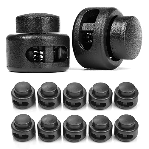 Ganzoo Kordelstopper 2-Loch 4mm rund,10 Stück, Federverschluss Druckknopf, Tanka, Kordelklemme für Seile, Schnürsenkel, Kordeln, Schnur, Rucksack, Schnellverschluss, Seilstopper, Kunststoff, schwarz von Ganzoo