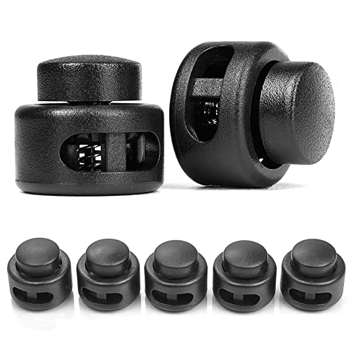 Ganzoo Kordelstopper 2-Loch 4mm rund, 5 Stück, Federverschluss Druckknopf, Tanka, Kordelklemme für Seile, Schnürsenkel, Kordeln, Schnur, Rucksack, Schnellverschluss, Seilstopper, Kunststoff, schwarz von Ganzoo