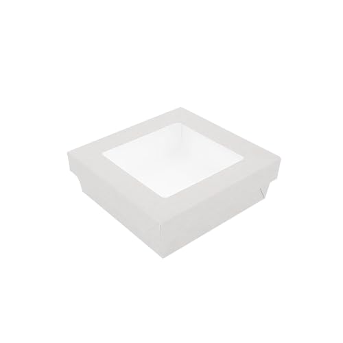 25 Stück – Kisten + Deckel mit Fenster 'Thepack' 750 ml 230 g/m2 + Opp 14 x 14 x 5 cm, Weiß, Nano-Mikro-Wellpappe von Garcia de Pou