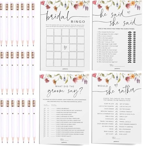 Wildflower Bridal Shower Games Bundle - 4 lustige & elegante Spiele für 30 Gäste + 30 Goldfolien-Herzstifte, doppelseitige Blumenkarten, perfekt für Brautpartys & Hochzeitsfeiern Wildflower Bridal Shower Games Bundle - 4 lustige & elegante Spiele für 30 Gäste + 30 Goldfolien-Herzstifte, doppelseitige Blumenkarten, perfekt für Brautpartys & Hochzeitsfeiern von GardenCity