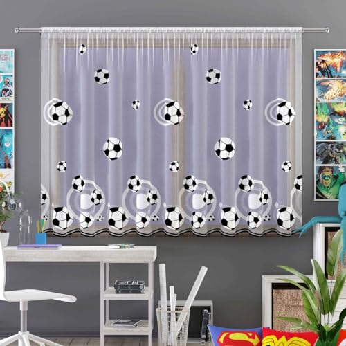 Gardinen Vorhangen Weiß 250x150 cm (BxH) Barcelona Fußball Motiv Jacquard Kinder Gardinen mit Kräuselband Kurz Kinderzimmer Junge Scheibengardine Wohnzimmer Vorhänge Fertiggardine von Gardinen Vorhangen