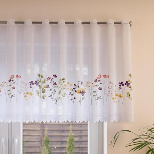 Gardinen Vorhangen Weiß Jacquard 400x70 cm (BxH) Primavera Scheibengardine Bemalt Für Küche Wohnzimmer Fertiggardine Kurzgardine Sofort Aufhängbar Transparent Blumen von Gardinen Vorhangen