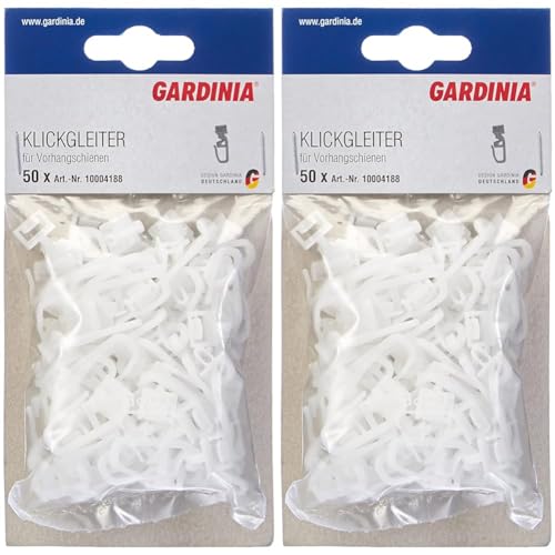 GARDINIA Klickgleiter mit Gardinenhaken (Faltenlegehaken), Für Vorhangschienen GE und P2Ü, Kunststoff, Weiß, 50 Stück (Packung mit 2) von Gardinia