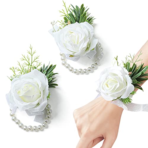 Garisey Künstliche Blumen Weiße Rose Handgelenk Blumen und Herren Corsage Hochzeit Blumen Zeremonie Abschlussball Blume (2 Handgelenk Corsage Weiß) von Garisey