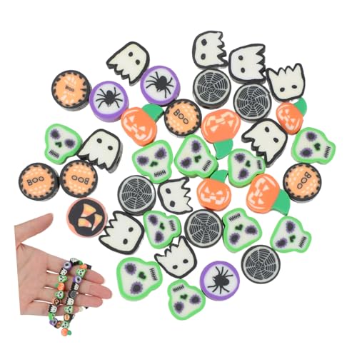 Garneck 40 Stück Halloween Polymer Clay Perlen Leichte Armband Schmuckperlen mit Einzigartigen Kürbis Geist Totenkopf motiven Weiche DIY Spacer Perlen für Kreative Halloween von Garneck