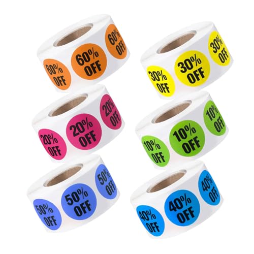 Garneck 6 Rollen Verkaufsaufkleber Rabatt Runde Selbstklebende Preisetiketten Bunte Rabattaufkleber für Einzelhandel Vielseitig Anwendbar Kartons Glas Papier von Garneck