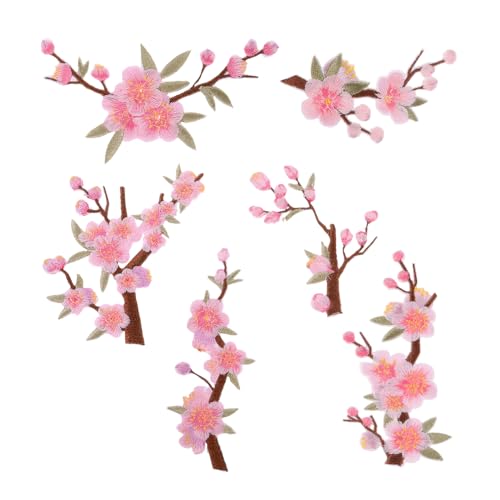 Garneck 6 Stück Teiliges Bestickte Blumen applikationen mit Pflaumenblüten motiv Pinke Vollstickige Stoffaufnäher für DIY nähen Reparatur Kleidung Taschen Hüte Faderesistente von Garneck