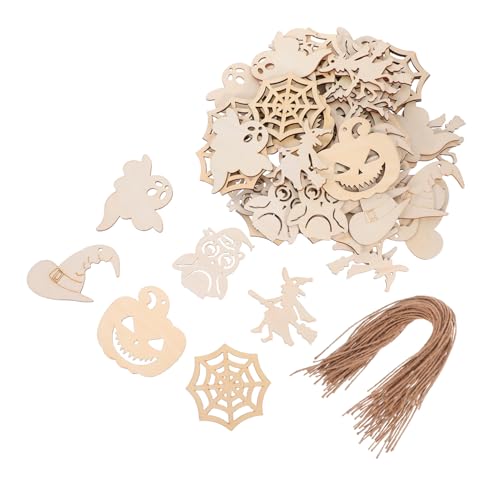 Garneck 60 Stück Teiliges Halloween Holz Bastelset mit Verschiedenen Ausschnitten Unbehandelte Kürbis Geist Hexe Holzscheiben für DIY Kreativprojekte Einfache Halloween Hängeornamente zum von Garneck