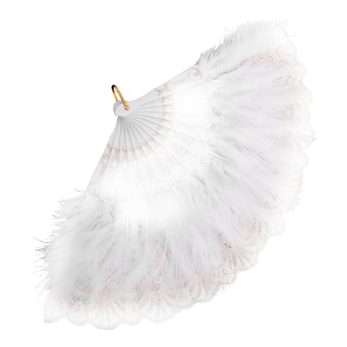 Garneck Federfächer Damen Weiß mit Spitzenrand Faltbarer Handfächer mit Federn Eleganter Brautfächer für Hochzeit Tanz und Party Handgefertigter Vintage Stil Vielseitig für Festdekoration von Garneck