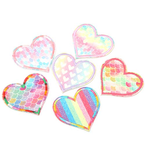 6 STÜCKE Regenbogen Farbe Herzform Tuch Patches DIY Kleidung Ausbessern Zubehör Cartoon Stickerei Aufkleber Bügelbild für Diy T-Shirt Jeans Kleidung Jacken Rucksäcke Jeans Kleidung Mädchen Kinder von Garosa