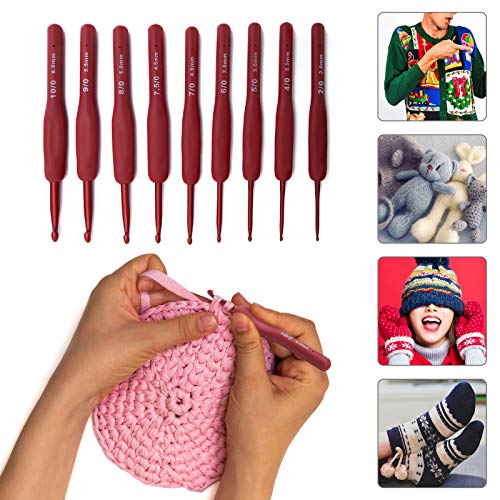 9 teiliges Häkelnadelset, Stricknadeln mit Kunststoffgriff für arthritische Hände, Häkelstricknadeln Webgarnset von Garosa