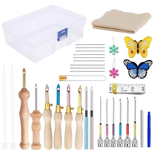 35 Stück Punch Needle Set Holzgriff Stanznadel Einstellbare Punch Needle mit Aufbewahrungsbox Punch Needle Set Anfänger für Kleidung, Stickereien und Vorhänge von Garqitwan