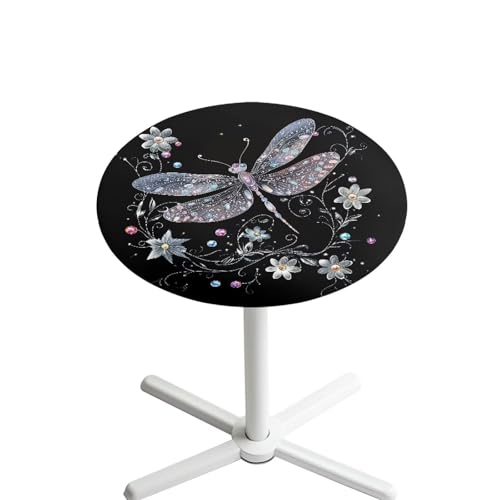 Garucesta Runde Tischdecke, dekorative Bar-Tischdecke, dehnbar, Cocktail-Tischdecke, Tischdecke mit elastischem Rand, für drinnen und draußen, 61 cm, Libellen-Blumen-Perlendruck, Schwarz von Garucesta