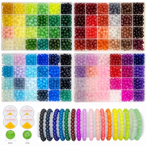 Glasperlen zur Herstellung von Armbändern, 8 mm, 96 Farben, Kristallperlen zur Schmuckherstellung, 4 Boxen, runde Perlen, geeignet für Anfänger, 2500 Stück von Gaspletu