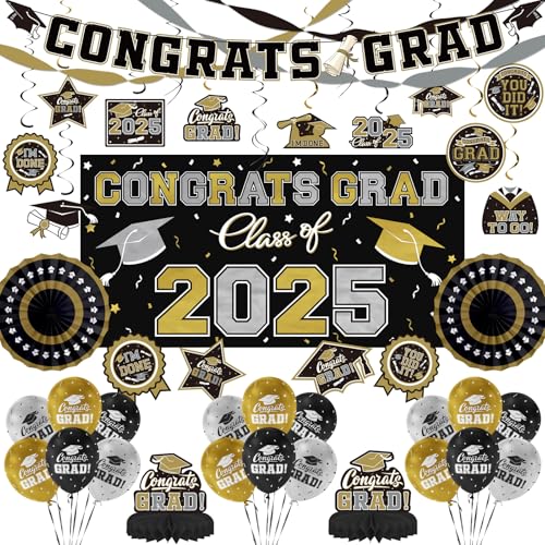 2025 Abschluss-Dekorationsset mit schwarz-goldenem Thema, Banner, Hintergrund der Klasse 2025, Luftballons und Luftschlangen, Abschluss-Partyzubehör für High School & College Feiern 2025 Abschluss-Dekorationsset mit schwarz-goldenem Thema, Banner, Hintergrund der Klasse 2025, Luftballons und Luftschlangen, Abschluss-Partyzubehör für High School & College Feiern von Gatherfun