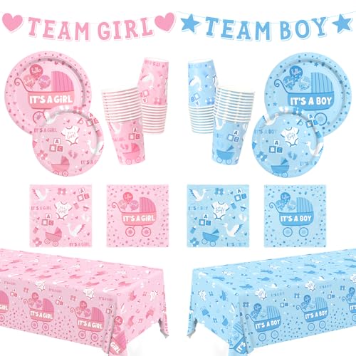 Baby Gender Reveal Dekorationen für 24 Gäste - Junge oder Mädchen Dekorationen Kit Einschließlich Einwegteller, Servietten, Tassen, Tischdecke & Banner für Babyparty Party Dekorationen Baby Gender Reveal Dekorationen für 24 Gäste - Junge oder Mädchen Dekorationen Kit Einschließlich Einwegteller, Servietten, Tassen, Tischdecke & Banner für Babyparty Party Dekorationen von Gatherfun
