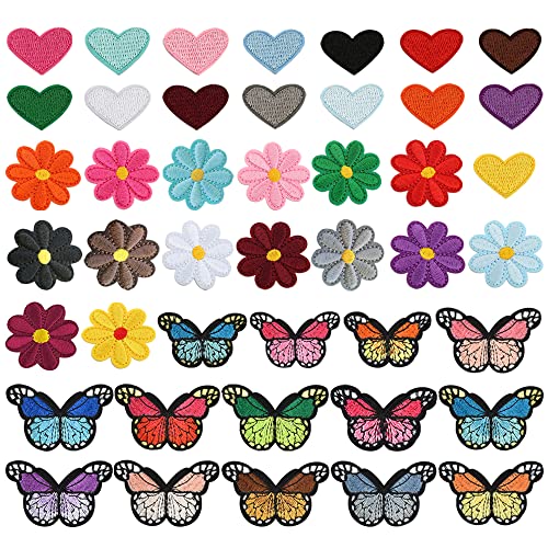 Gativs Blumen Applikation 44 Stück Aufnäher Blumen Bügelsticker Blumen Patches Bügeln Gemischt Flicken Applikationen zum Aufbügeln Bestickte Reparatur Patches Aufbügeln Schmetterlingsmuster Herzform von Gativs