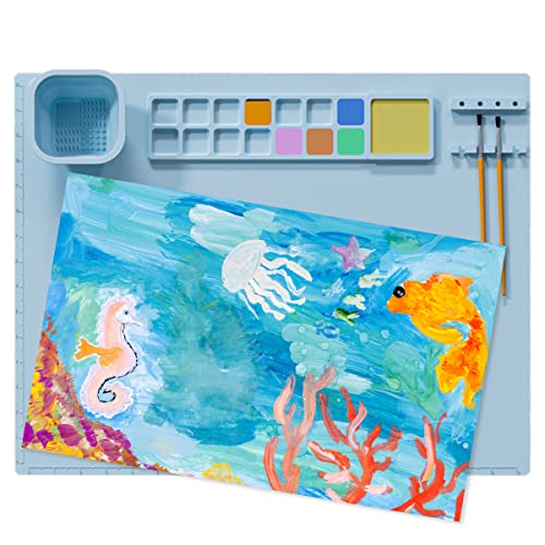 Gatphy Malmatte aus Silikon, für Kinder, mit Waschbecher, Kunstmatte aus Silikon, faltbar, leicht zu reinigen, geeignet für Aquarell, Gouache, Basteln, DIY (60 x 40 cm, blau), 200035269 von Gatphy