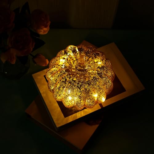 Herbstdeko Kürbis LED Halloween Glas Deko Outdoor Kürbis Leuchtend Herbstdeko Tisch Timer 6 Stunden, 3AAA (Nicht Enthalten) für Halloween Thanksgiving Herbstliche Hochzeiten Atmosphäre (Gold) von Gatphy