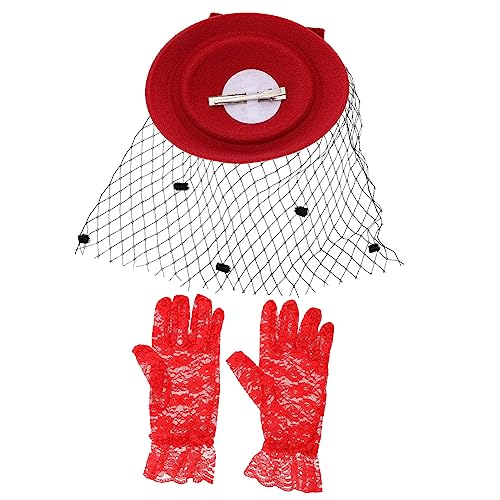 Gatuida 1 Satz Cocktailhut Kappe Hut Frauen Hüte für Frauen Bucket Hats Damen Mesh-Hut weihnachtsassesoires christmas accessories Partyhut aus Netzgarn Spitzenhandschuhe Polyester rot von Gatuida