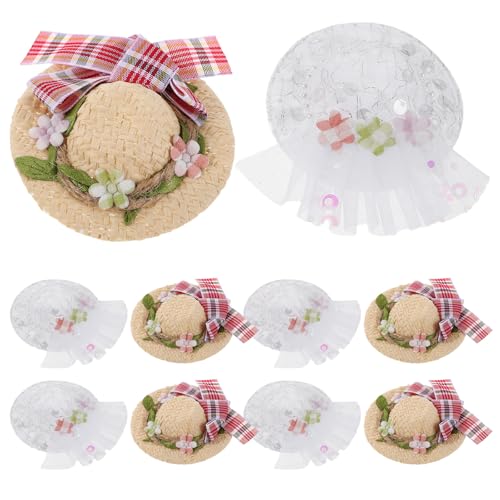 Gatuida 10 Mini-Strohhüte: Puppenhüte mit Schleife und Blume zum Basteln – Mini-Spitzenkappen – gewebter Sombrero-Weihnachtsschmuck für selbstgemachte Kleidungsdekorationen von Gatuida