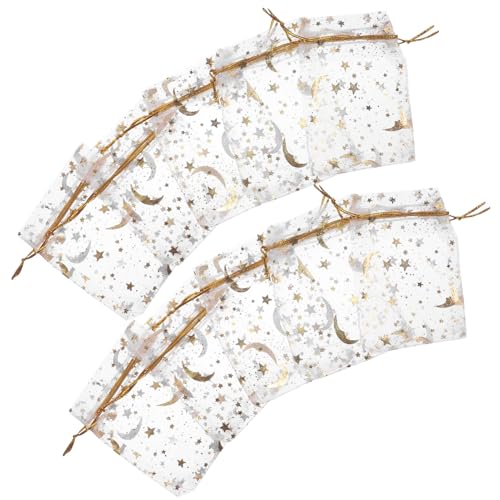 Gatuida 100 Stück Organzasäckchen mit Kordelzug Geschenkbeutel für Schmuck Süßigkeiten Hochzeiten und Feste Weiße Beutel mit Goldenen Sternen und Monden von Gatuida
