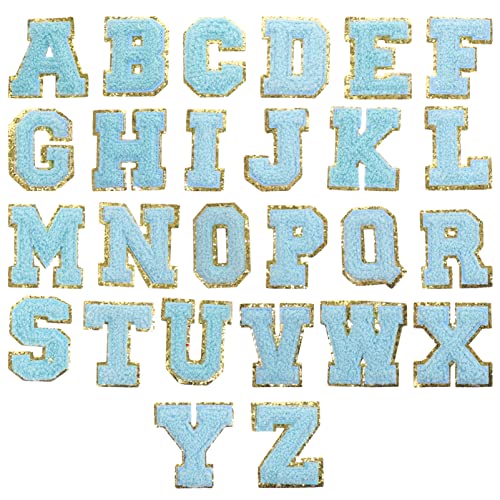 Gatuida 26 Stück Teiliges Set Buchstaben Förmige Stickerei Patches für Kleidung Multifunktionale Aufnäher für Jacken Rucksäcke und Mehr Blau mit Goldenen Rändern von Gatuida