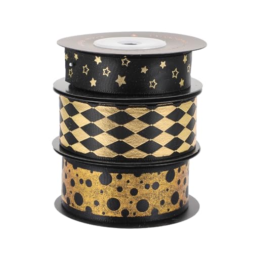 Gatuida 3 Rollen Geschenkband Schwarz Gold Polyesterband DIY Geschenkverpackung Schleifenband für Geburtstag Haaraccessoires und Basteln von Gatuida