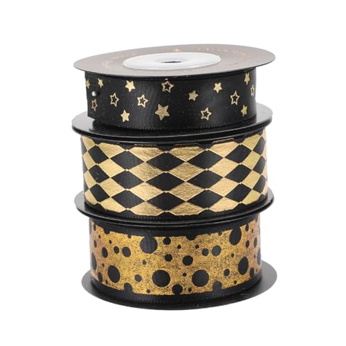 Gatuida 3 Rollen Premium Geschenkband Schwarz Polyester Geschenkverpackungsband DIY Bastelband mit Goldprägung für Blumensträuße Geschenke Dekoration von Gatuida