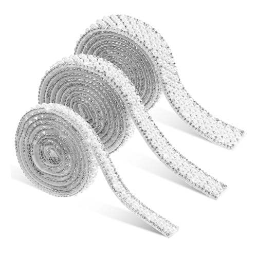 Gatuida 3 Stück Perlen strassband Selbstklebend Breit mit Weißen Perlen Glas strasssteinen Vielseitig für DIY Dekoration Bekleidung Schuhe Taschen und Rahmen Geeignet von Gatuida