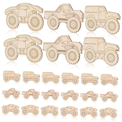 Gatuida 30 Stück Teiliges Holz Monstertruck Ausschnitte zum Bemalen Unfertige Fahrzeug Holzformen mit Glatten Kanten Vielseitige Lkw Dekoration für DIY Basteln Sichere Robuste von Gatuida
