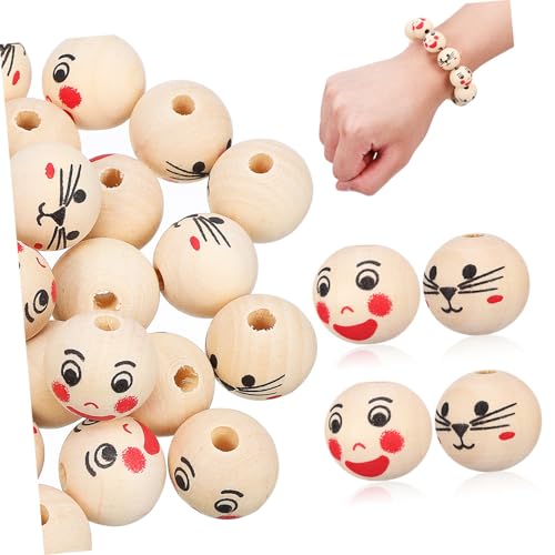 Gatuida 40 Stück Holzperlen Rund Naturbelassen mit Lachendem Gesicht Lose Holzperlen mit Bohrung für DIY Schmuck Armbänder Telefonanhänger Handgefertigte Bastelperlen von Gatuida