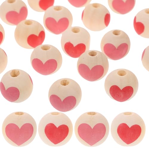 Gatuida 50 Stück DIY Holzperlen Herzmuster Schmuck Bastelmaterial für Valentinstag Runde Lose Perlen für Armbänder und Kreative Handarbeiten Rot von Gatuida