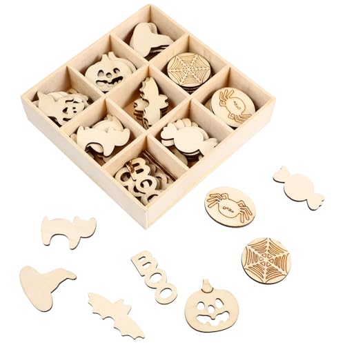 Gatuida 72Stücke Halloween Holzscheiben DIY Bastelset Robuste Handwerkskunst für Dekorationen für Halloween Feiern und Erwachsene Langlebige Materialien Vielfältige von Gatuida
