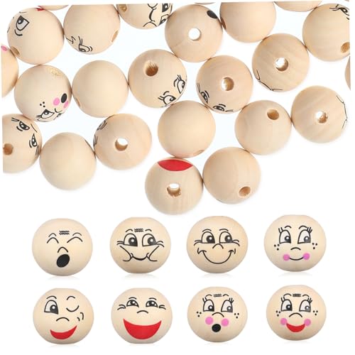 Gatuida 80 Stück Holzperlen mit Lachendem Gesicht Runde Bastelperlen mit Großen Löchern zum Auffädeln DIY Spacer Beads für Makramee Armbänder und Schmuckherstellung von Gatuida