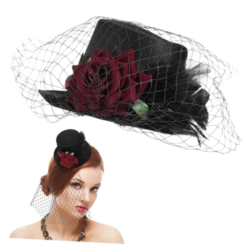 Gatuida Vintage Rot Mesh Hut mit Haarclip Retro Stil Kopfschmuck für Damen und Mädchen Satinstoff Federn Dekoration Halloween Party Accessoire Leichter Haarschmuck mit Festem Clip von Gatuida