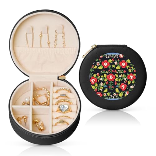 GaxfjRu Reise-Schmuckschatulle mit ukrainischer Stickerei, Rose, kompakt und stilvoll, Reise-Schmuckkästchen, Organizer und Verlobungsring-Box von GaxfjRu