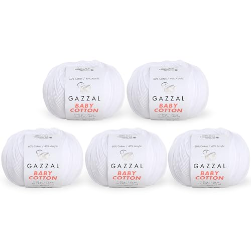 Gazzal Baby Baumwollgarn, 50 g, 165 m, weich, fein, 60 % Baumwolle, Weiß – 3432, 5 Knäuel (Packung) von Gazzal