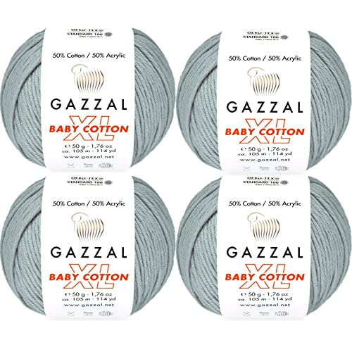 Gazzal Baby Cotton XL, 50% weiche Baumwolle, 50% Premium-Acryl, je 50g/114 Yrds (105m), DK- Worsted Baby beliebtes Garn (4er-Pack, grau – 3430) von Gazzal