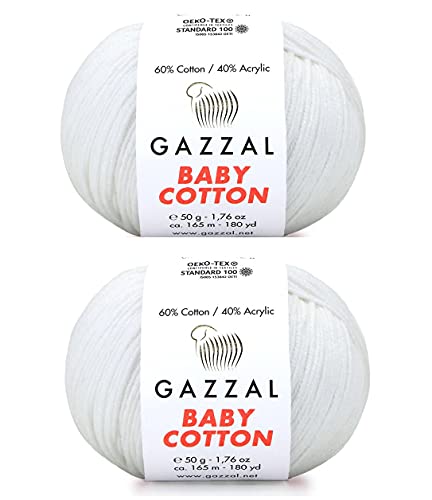 Gazzal Baby-Baumwollgarn, 60 % Baumwolle, 40 % Acryl, 2 Knäuel (Knäuel), je 50 g, 165 m, weich, 2 – feines Babygarn (3410 Weiß) von GazzalYarn