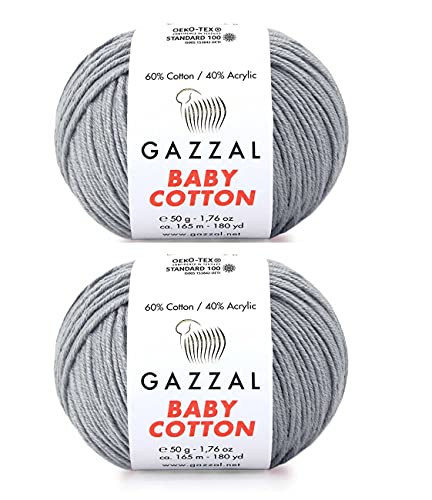 Gazzal Baby-Baumwollgarn, 60 % Baumwolle, 40 % Acryl, 2 Knäuel (Knäuel), je 50 g, 165 m, weich, 2 – feines Babygarn (3430 Grau) von GazzalYarn