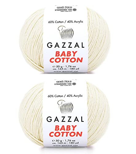 Gazzal Baby-Baumwollgarn, 60 % Baumwolle, 40 % Acryl, 2 Knäuel (Knäuel), je 50 g, 165 m, weich, 2 – feines Babygarn (3437 Beige) von GazzalYarn