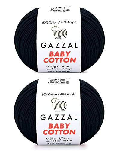 Gazzal Baby-Baumwollgarn, 60 % Baumwolle, 40 % Acryl, 2 Knäuel (Knäuel) je 50 g/150 Yrds (165 m) weich, 2 - feines Babygarn (3433 Schwarz) von GazzalYarn