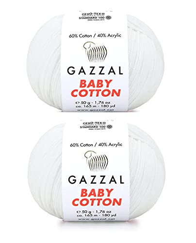 Gazzal Baby-Baumwollgarn, 60 % Baumwolle, 40 % Acryl, 2 Knäuel (Knäuel) je 50 g/165 m, weich, 2 – feines Babygarn (3432 Optic White) von GazzalYarn