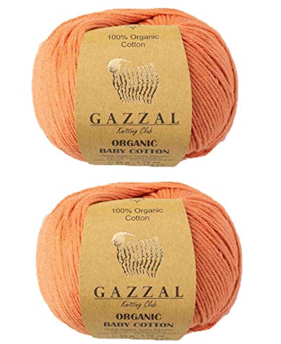 Gazzal Bio-Baby-Baumwollgarn, 100% Bio-Baumwolle, 2 Knäuel (Packung), insgesamt 100 g je 50 g / 115 m, 3 leichte DK, Global Organic Textile Standard (GOTS) (438 Orange) von GazzalYarn