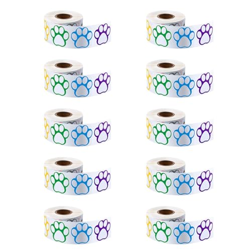 Gbloodst 10 x 1 Rolle mit 500 bunten Aufklebern in Hundepfotenform, Namensschild, Pfotenabdruck, 2,5 cm (1 Zoll), verschiedene Farben von Gbloodst